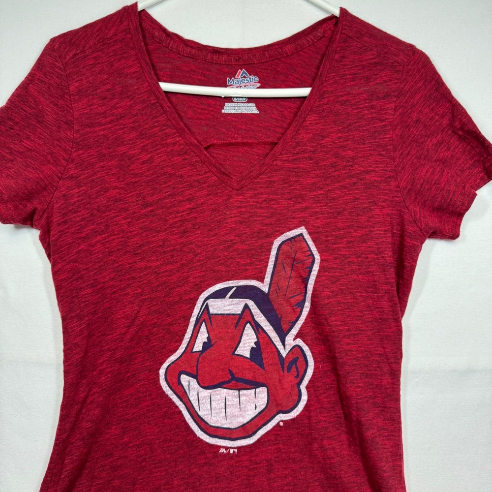 Majestic Cleveland Indians MLB T-Shirt V-Neck Graphic Tee‎ Sz Small